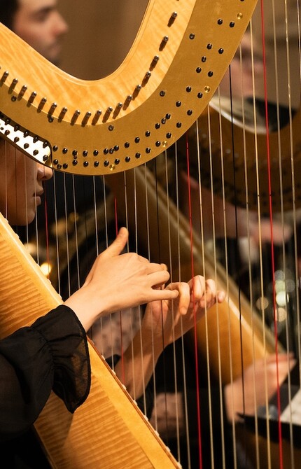 Close-up view of a person playing the harp solo in an ensemble, with their hands gracefully plucking the strings, capturing the intricate details of the harp’s structure and strings.