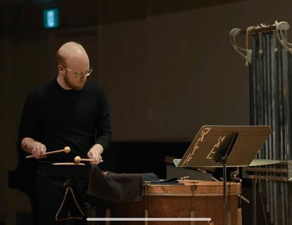 Percussionist Jacob Valcheff performs in Walter Hall.
