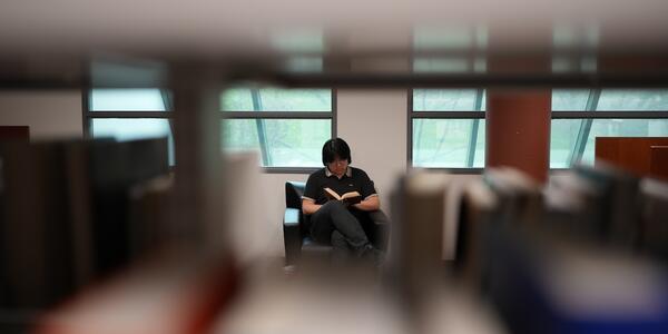 Photo of a person reading a book, with the camera positioned to capture the shot through a shelf of books in a library.