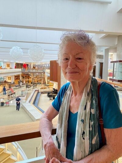 Photo of an older person wearing a blue shirt and a scarf, standing on the balcony of a museum.