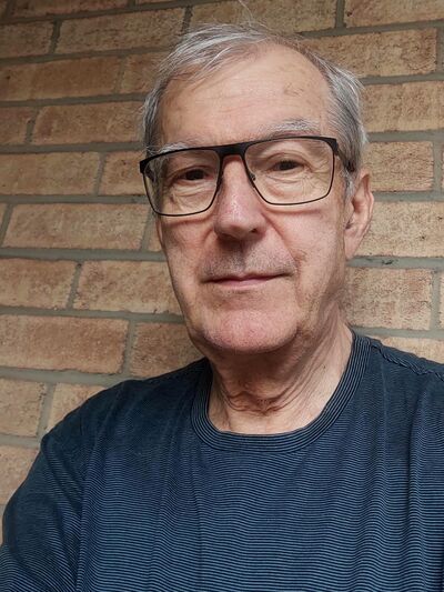 Headshot of an older person wearing a blue striped shirt and glasses, standing in front of a brick wall.