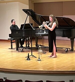 Olivia Callahan performs a piece for flugelhorn and piano in her recital in Walter Hall.
