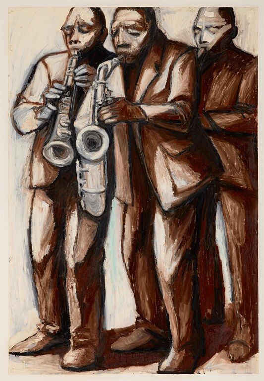 A painting of three Black male musicians playing horn instruments.