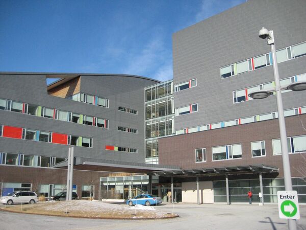 Front view of Holland Bloorview Kids Rehabilitation Hospital, showcasing its modern architecture and entrance.