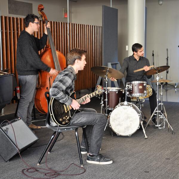 Jazz trio in rehearsal in U of T's Upper Jazz studio.